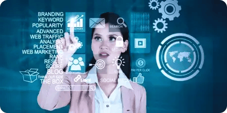 "Female digital marketer interacting with virtual SEO interface, featuring keywords like branding, traffic, ranking, and analytics in a futuristic blue-themed setting."