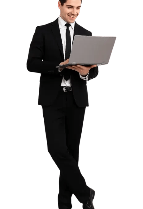 Smiling businessman in formal attire using a laptop, representing growth-focused digital career opportunities at BitBop
