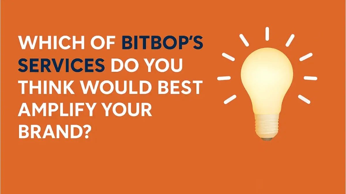 Illustration of a glowing light bulb with rays on an orange background, alongside the question 'Which of Bitbop's services do you think would best amplify your brand?' — highlighting Marketing Scaling Challenges.