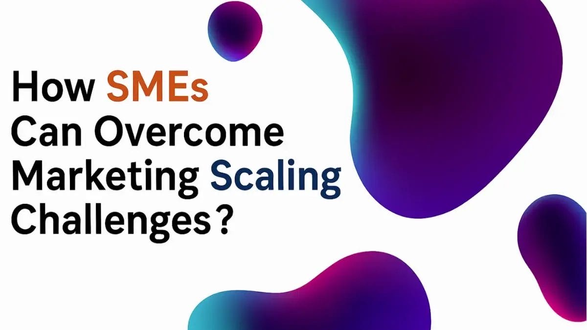 infographic titled "How SMEs Can Overcome Marketing Scaling Challenges?" featuring a central illustration of a business team working together, surrounded by icons representing marketing tools, automation, analytics, and growth strategies. The design uses a clean, modern layout with vibrant colors to highlight key concepts.